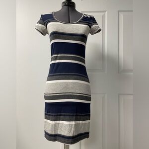 Le Chateau Striped White, Navy and Gray Women's Dress XS NWT